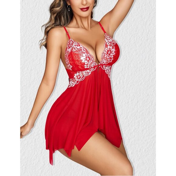 Women's V Neck Lace Chemise & Thong Lingerie Set - Picture 4 of 6